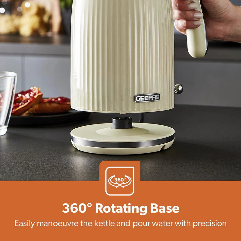 Geepas 1.7L Fluted Jug Kettle GK38068UK-CR | 360° Rotation, Boil-Dry Protection, Auto Cut-Off | For Water, Milk, Tea | Removable Filter | Cream, 2-Year Warranty