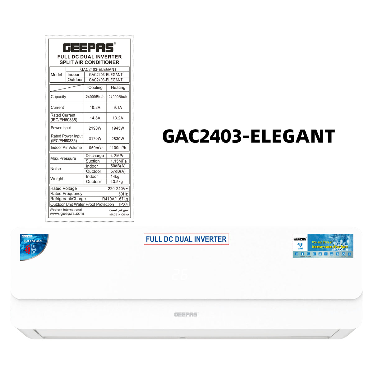 GEEPAS GAC2403 24000 BTU Full DC Dual Inverter AC | T3 Compressor | Hot & Cold Function | Wi-Fi Control | Low Noise Operation | R410A Refrigerant | Remote Control
