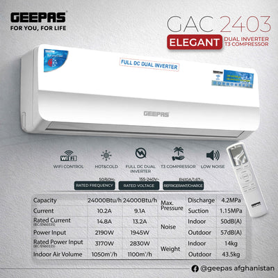 GEEPAS GAC2403 24000 BTU Full DC Dual Inverter AC | T3 Compressor | Hot & Cold Function | Wi-Fi Control | Low Noise Operation | R410A Refrigerant | Remote Control