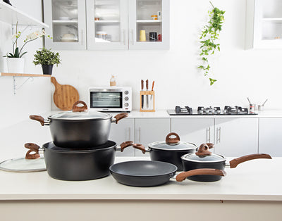 Royalford RF8904 9Pcs Aluminium Casserole Cookware Set with Glass Lids - Induction safe Pots & Pans with Non-Stick Marble Coating - Stock Pots with Tempered Glass Lid & Strong Wooden Handles