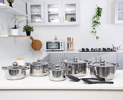 Royalford Stainless Steel Induction Safe 12PC Casserole RF9352/Saucepan Pots with Lid, and Nylon Slotted Turner - Induction Safe Non-Stick Cookware Set - Riveted Handles