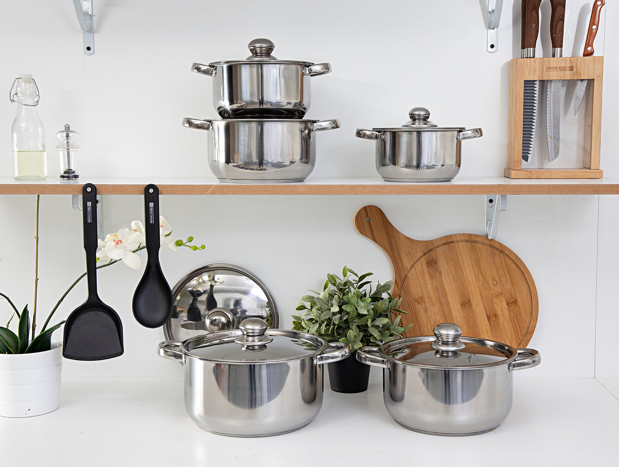 Royalford Stainless Steel Induction Safe 12PC Casserole RF9352/Saucepan Pots with Lid, and Nylon Slotted Turner - Induction Safe Non-Stick Cookware Set - Riveted Handles