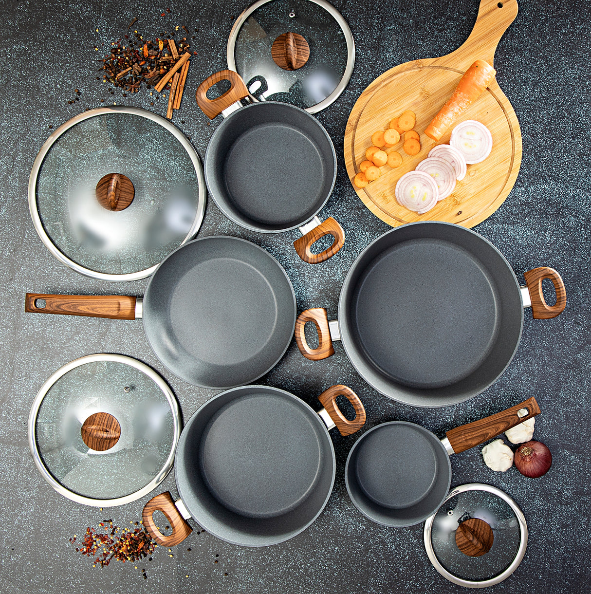 Royalford RF8904 9Pcs Aluminium Casserole Cookware Set with Glass Lids - Induction safe Pots & Pans with Non-Stick Marble Coating - Stock Pots with Tempered Glass Lid & Strong Wooden Handles