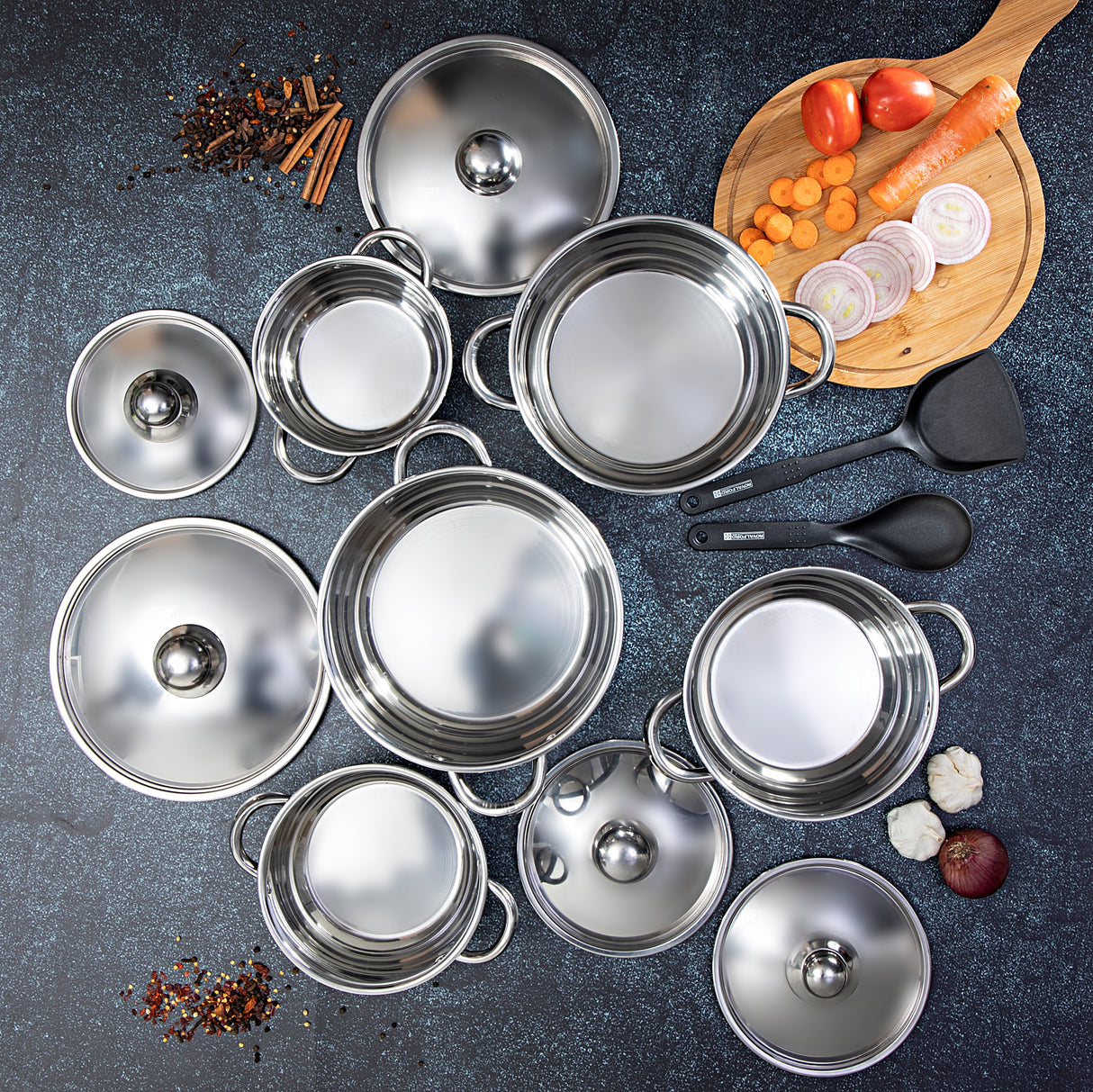 Royalford Stainless Steel Induction Safe 12PC Casserole RF9352/Saucepan Pots with Lid, and Nylon Slotted Turner - Induction Safe Non-Stick Cookware Set - Riveted Handles