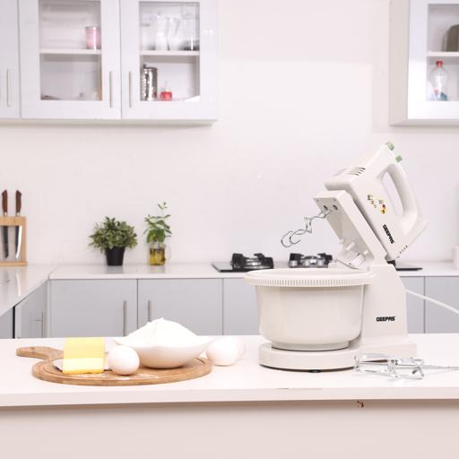 Geepas 200W Hand Mixer with Stand & Bowl | 5 Speed Controls |Detachable Stainless-Steel 2 Beater & 2 Dough Hooks |Ideal for Whipping, Blending & Beating| 2 Years Warranty