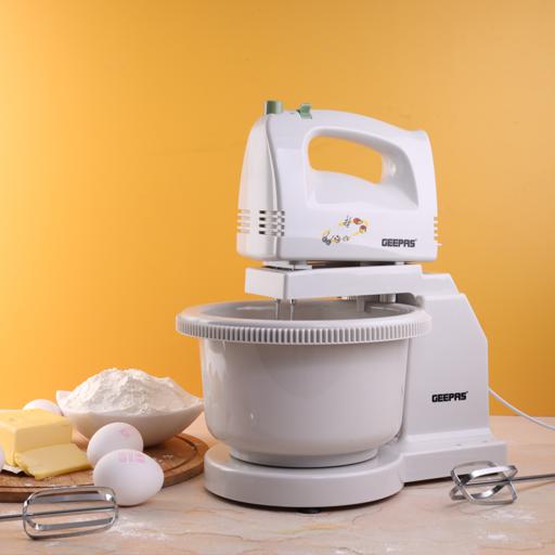 Geepas 200W Hand Mixer with Stand & Bowl | 5 Speed Controls |Detachable Stainless-Steel 2 Beater & 2 Dough Hooks |Ideal for Whipping, Blending & Beating| 2 Years Warranty
