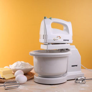 Geepas 200W Hand Mixer with Stand & Bowl | 5 Speed Controls |Detachable Stainless-Steel 2 Beater & 2 Dough Hooks |Ideal for Whipping, Blending & Beating| 2 Years Warranty