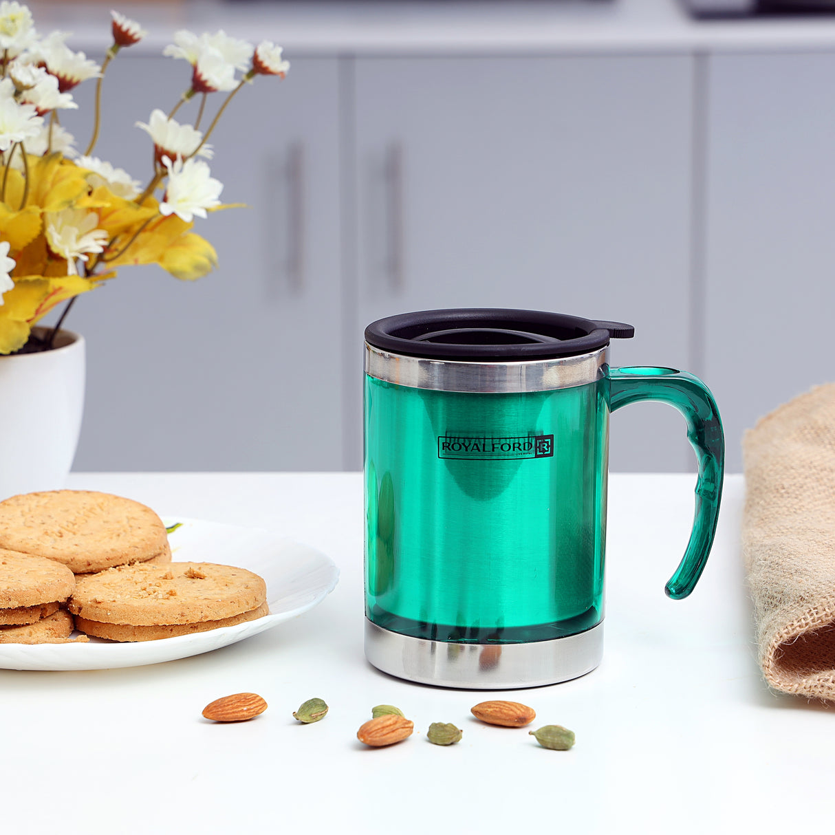 Royalford RF5130 Double Wall Travel Mug | 400ml Stainless Steel Insulated Coffee Mug |  Leak Resistant Thermal Cup for Hot & Cold Drinks | Portable Office & Travel Mug