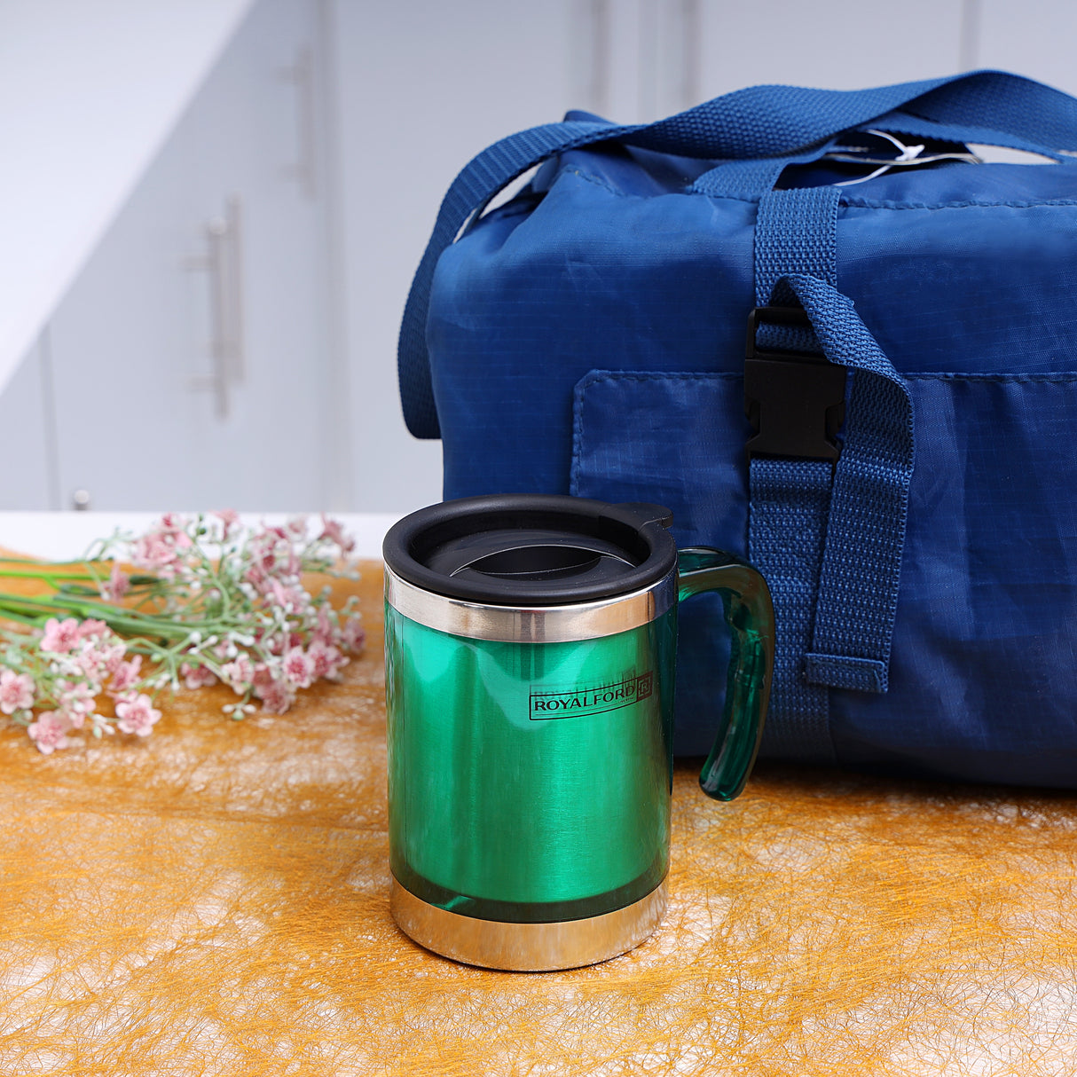 Royalford RF5130 Double Wall Travel Mug | 400ml Stainless Steel Insulated Coffee Mug |  Leak Resistant Thermal Cup for Hot & Cold Drinks | Portable Office & Travel Mug