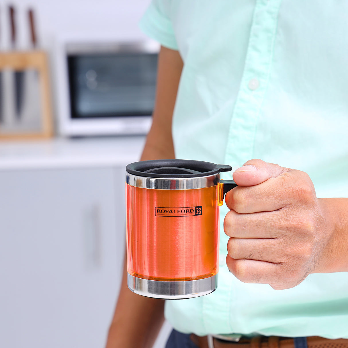 Royalford RF5131 Travel Mug 290ml| Double Wall Stainless Steel Insulated Cup with Handle Leak Resistant Design| Keeps Drinks Hot and Cold Durable Portable Mug|