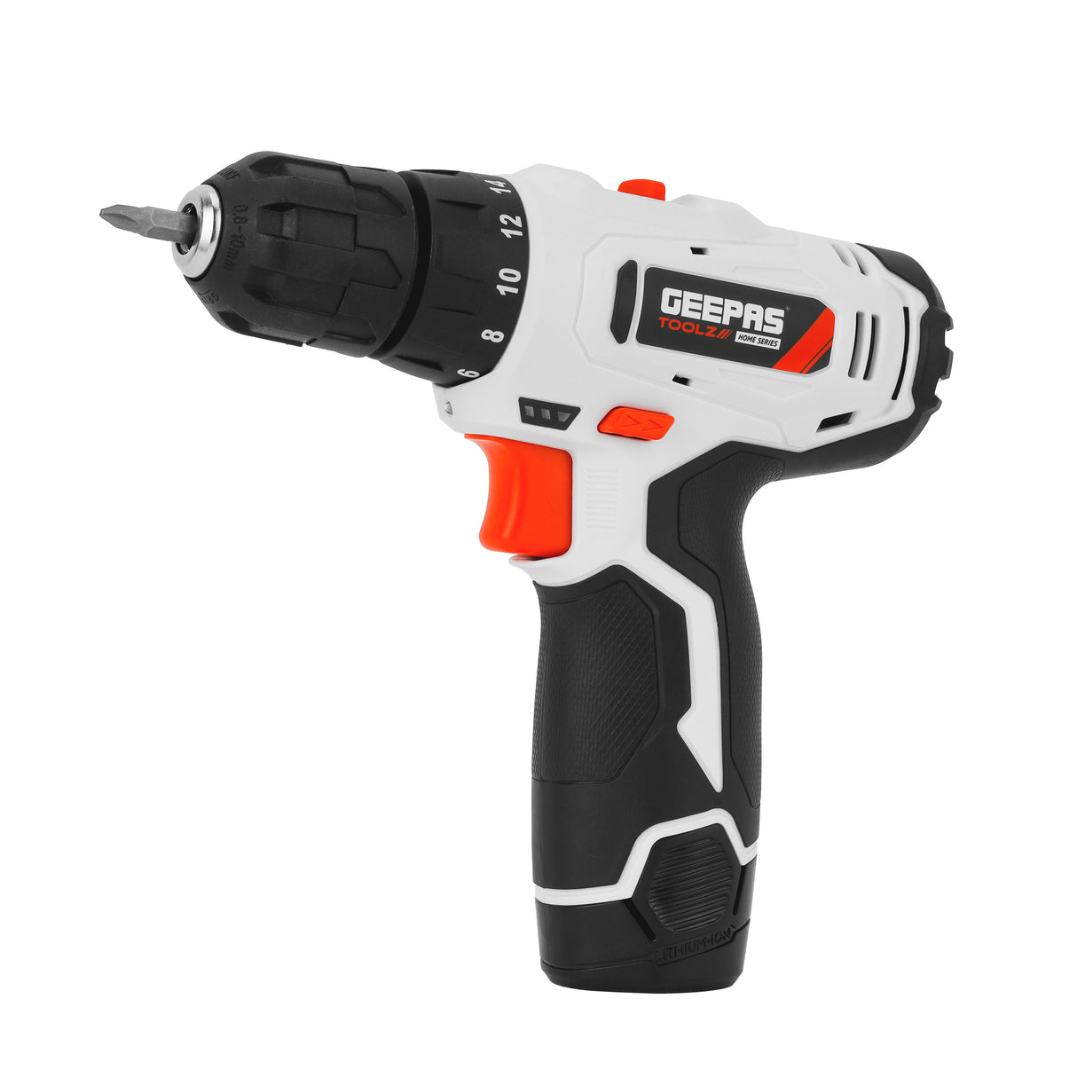 Geepas 12V Cordless Drill- GCD7628/ Chuck Size 10 mm, Perfect For Home and Business, Comfortable Grip, Ergonomic Design/ Includes Accessories, Battery and Charger/ White