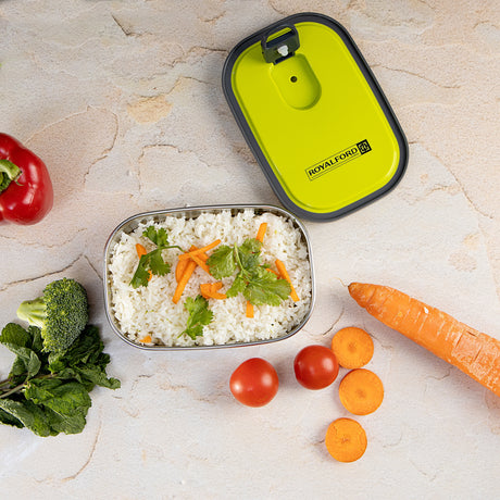 Royalford RF7013 Rectangle Stainless Steel Food Container 350ml| BPA-free storage box with durable build| hygienic design, leak-resistant lid, and compact size|