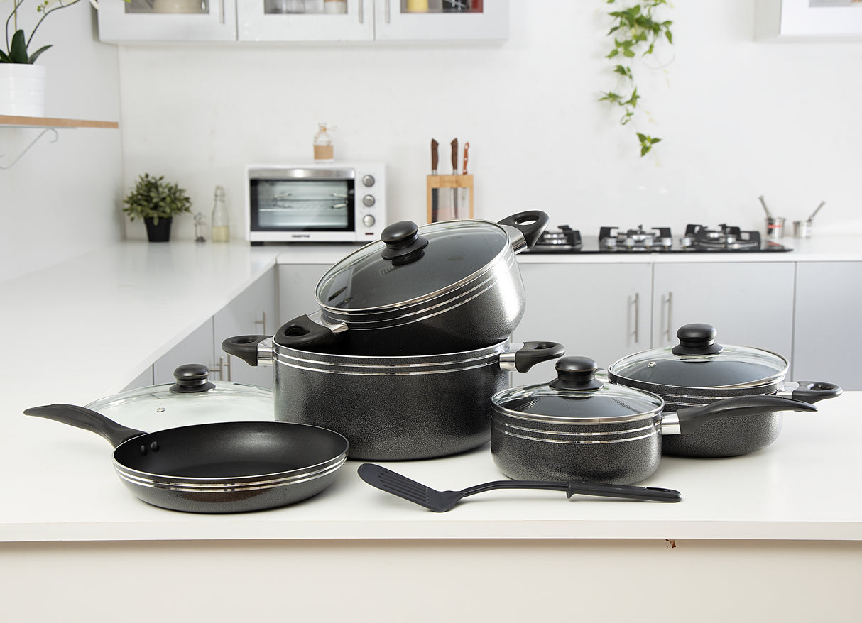 Royalford RF7065 10 Pcs Non-Stick Cookware Set - Heat Resistant Handles Scratch Resistant, Tempered Glass Lids, Uniform Heat, Bakelite Knobs