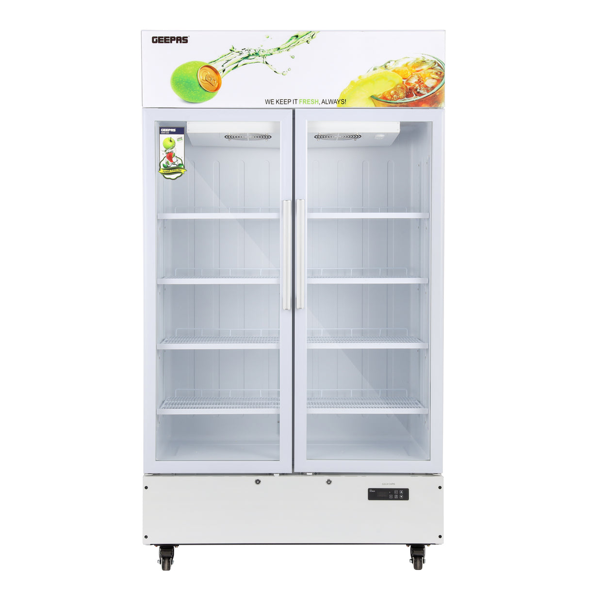 Geepas 700 Liters Double Door Showcase Chiller- GSC7001RN/ with LED Digital Temperature Controller, Fan Cooling, Equipped with Shelves, Vertical Side Lighting,1 Year Warranty
