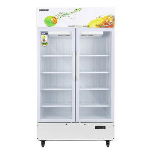 Geepas 700 Liters Double Door Showcase Chiller- GSC7001RN/ with LED Digital Temperature Controller, Fan Cooling, Equipped with Shelves, Vertical Side Lighting,1 Year Warranty
