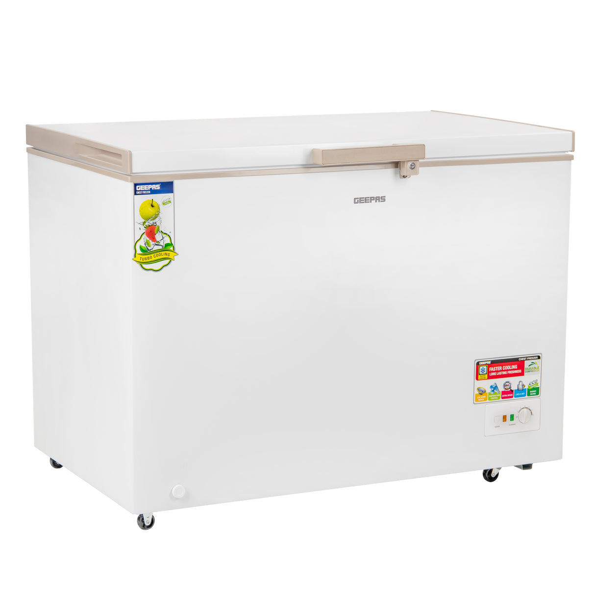 Geepas GCF4106WAH  Chest Freezer | 410L Capacity| 180W Power Efficient Freezer| LED Light |Lock & Key| Adjustable Thermostat|  High-Efficiency Cooling| 1-Year Warranty|