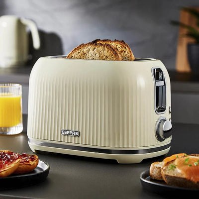 Geepas Fluted Bread Toaster GBT36558UK-CR – 2 Slice, 6 Browning Levels, Removable Crumb Tray, Defrost & Reheat, Ideal for All Bread Types, 2-Year Warranty, Cream