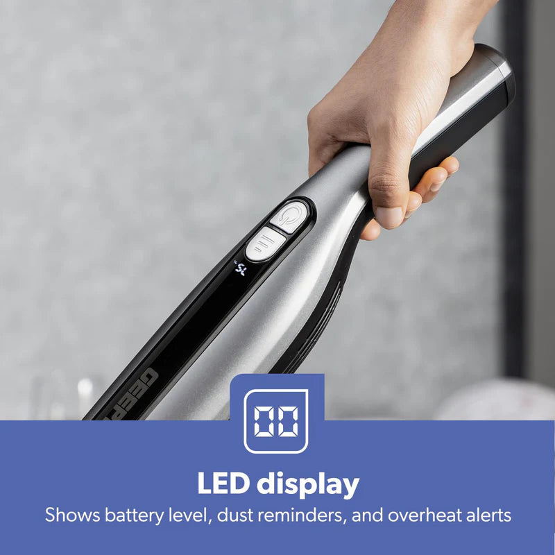 Geepas GVC19062UK Cordless 2-in-1 Stick & Handheld Vacuum Cleaner |HEPA Filter |Double Roller Brush | LED Display |Powerful Brushless Motor| Cordless & Lightweight Design