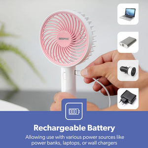 Geepas GF21206 4-Inch Rechargeable Handy Fan | Portable Personal Fan with Powerful Motor| 3 Speed Settings| USB Charging| Long Battery Life| Lightweight| 2 Years Warranty