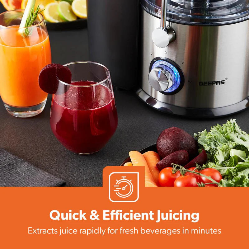 Geepas GJE46011 Powerful Juice Extractor | 1.2L Large Capacity Juicer | 800W | Stainless Steel Body| 2 Speed Control| Safety Locking Arm| Easy to Clean| 2 Year Warranty