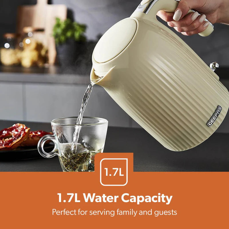 Geepas 1.7L Fluted Jug Kettle GK38068UK-CR | 360° Rotation, Boil-Dry Protection, Auto Cut-Off | For Water, Milk, Tea | Removable Filter | Cream, 2-Year Warranty