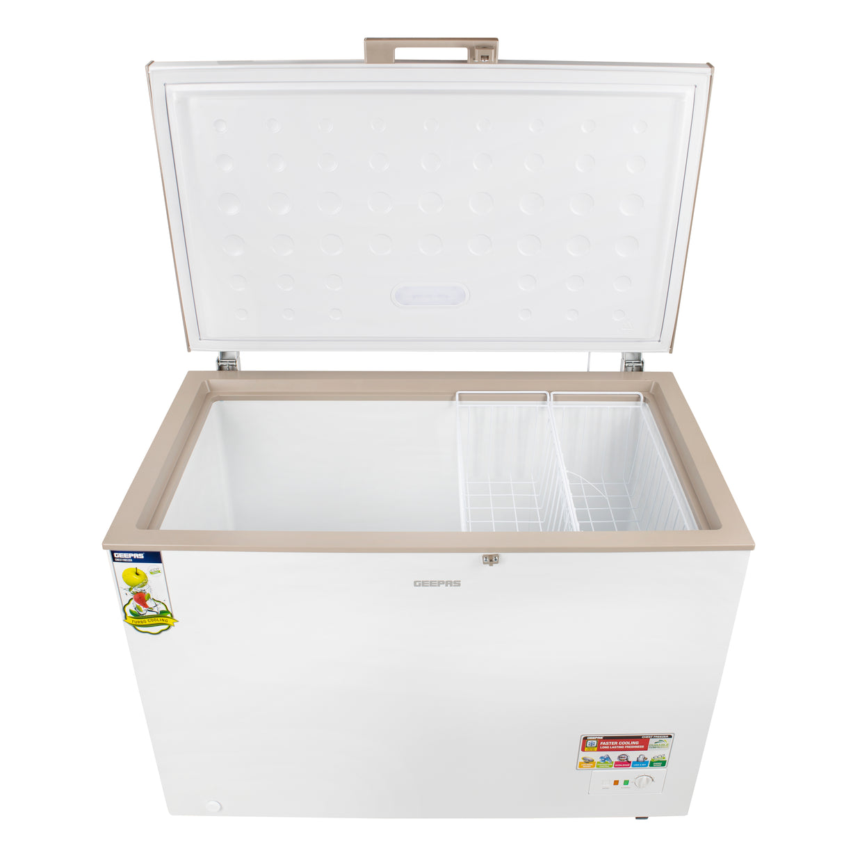 Geepas GCF4106WAH  Chest Freezer | 410L Capacity| 180W Power Efficient Freezer| LED Light |Lock & Key| Adjustable Thermostat|  High-Efficiency Cooling| 1-Year Warranty|