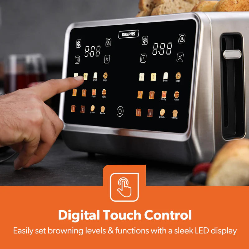 Geepas Digital 4-Slice Toaster- GBT36569UK/ 6 Modes, Removable Crumb Tray and Stainless Steel Housing, Defrost, Reheat and Cancel Functions/  2 Years Warranty, Silver