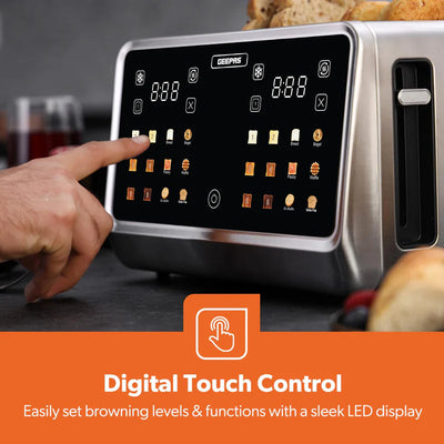 Geepas Digital 4-Slice Toaster- GBT36569UK/ 6 Modes, Removable Crumb Tray and Stainless Steel Housing, Defrost, Reheat and Cancel Functions/  2 Years Warranty, Silver