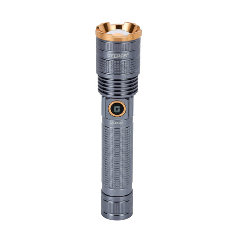 Geepas GFL4658 Zoomable LED Flashlight | 1500 Lumens Brightness| 4000mAh Rechargeable Battery Torch| 6 Hours Working | USB Type-C Fast Charging | Strong Aluminium Body