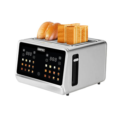 Geepas Digital 4-Slice Toaster- GBT36569UK/ 6 Modes, Removable Crumb Tray and Stainless Steel Housing, Defrost, Reheat and Cancel Functions/  2 Years Warranty, Silver