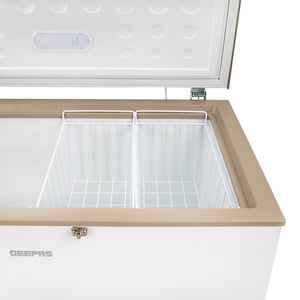 Geepas GCF4106WAH  Chest Freezer | 410L Capacity| 180W Power Efficient Freezer| LED Light |Lock & Key| Adjustable Thermostat|  High-Efficiency Cooling| 1-Year Warranty|