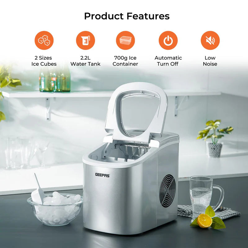 Geepas Portable Automatic Ice Maker GIM63053UK | 12kg/Day Production Capacity| 1.2L Water Tank| 600g Ice Storage| Makes 9 Ice Bullets in 7 Minutes| 2 Years Warranty
