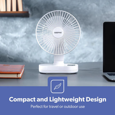Geepas GF21157 8-Inch Rechargeable Fan with LED Night Light |Features 3-speed control |9-hour runtime |lithium battery |3 Blade Fan with Adjustable Head| portable design