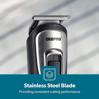 Geepas Rechargeable 11-in-1 Grooming Kit GTR8300 | Hair Clipper| Beard Trimmer| Precision Shaver| Nose & Ear Trimmer| USB Charging| LED Indicator| Complete Styling Set