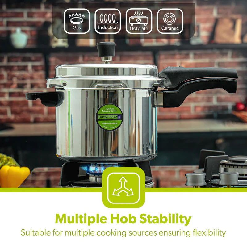 Royalford RF5802 5L Induction Base Pressure Cooker | Fast & Safe Cooking | Durable Aluminium Body | Even Heat Distribution | Secure Lock System | Energy Efficient