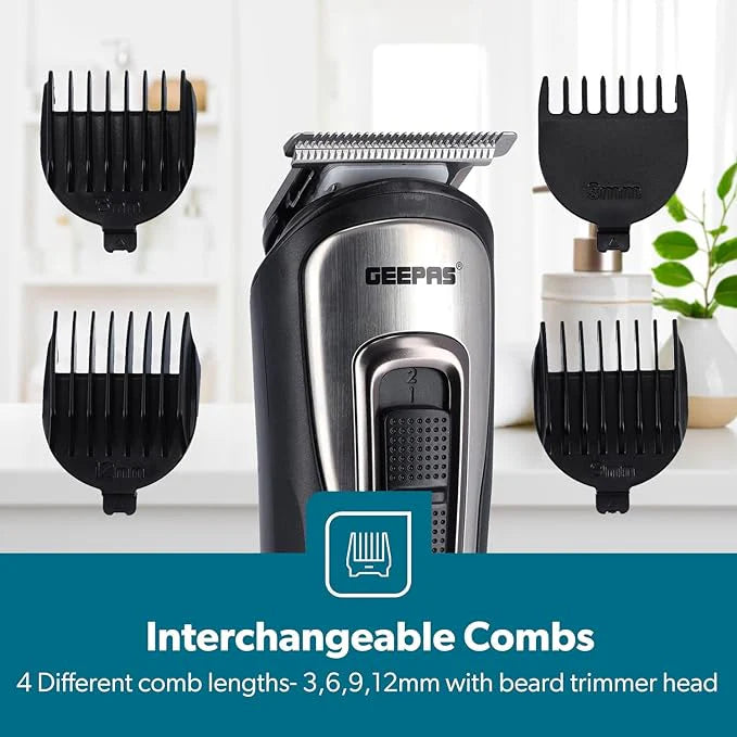Geepas Rechargeable 11-in-1 Grooming Kit GTR8300 | Hair Clipper| Beard Trimmer| Precision Shaver| Nose & Ear Trimmer| USB Charging| LED Indicator| Complete Styling Set