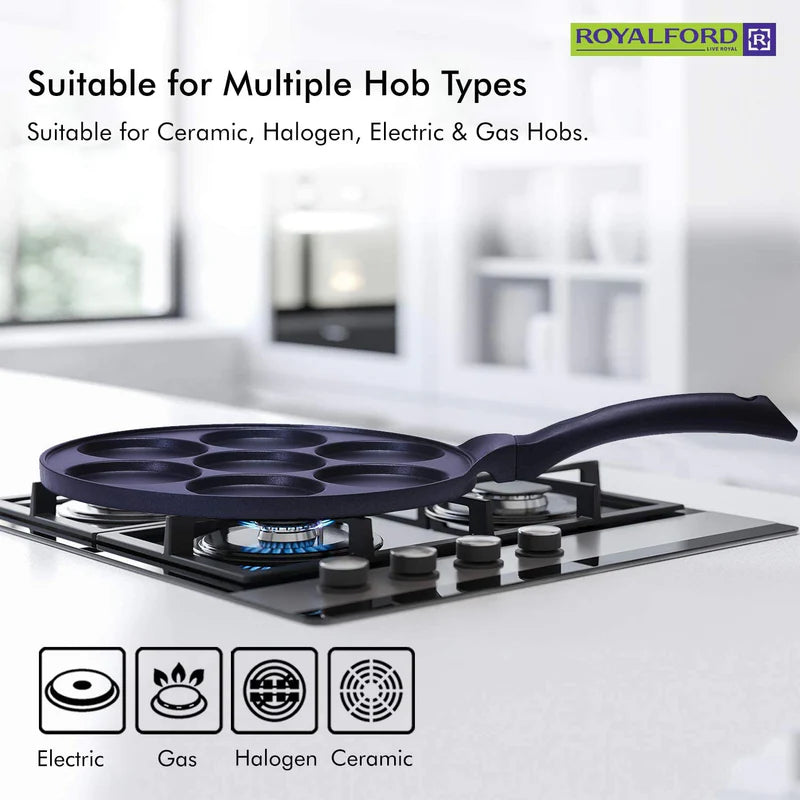 Royalford RF5781 Die-Cast Aluminium Pancake Maker | 7-Cup Non-Stick Pancake Pan | Heat-Resistant Exterior| Bakelite Soft-Touch Handle| Easy Cleaning & Dishwasher-Safe