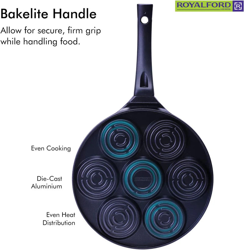 Royalford RF5781 Die-Cast Aluminium Pancake Maker | 7-Cup Non-Stick Pancake Pan | Heat-Resistant Exterior| Bakelite Soft-Touch Handle| Easy Cleaning & Dishwasher-Safe