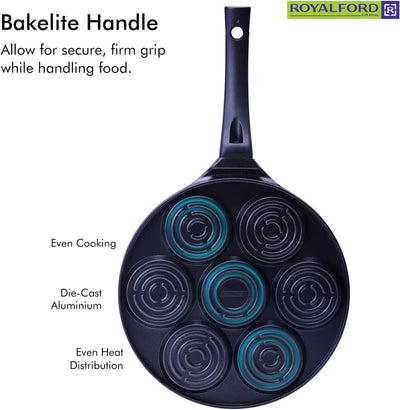 Royalford RF5781 Die-Cast Aluminium Pancake Maker | 7-Cup Non-Stick Pancake Pan | Heat-Resistant Exterior| Bakelite Soft-Touch Handle| Easy Cleaning & Dishwasher-Safe