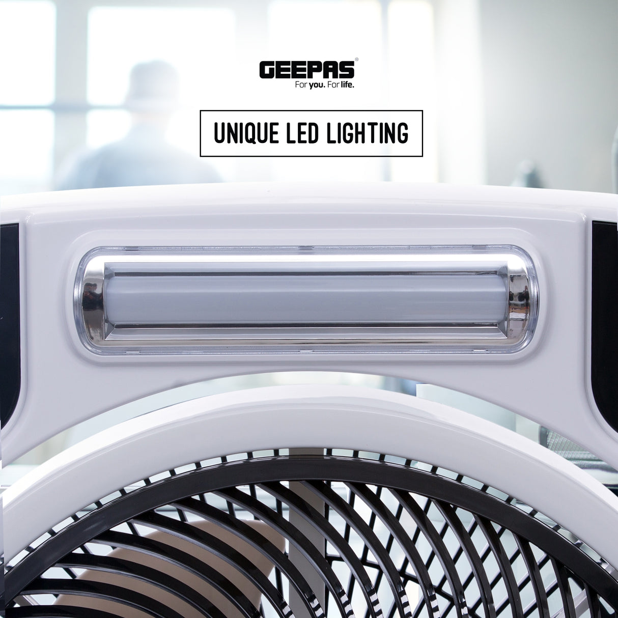 Geepas GF989 12-Inch Rechargeable Box Fan | 40-Hour Backup | LED Light | USB Output | Up/Down Tilting Head  |  Solar Panel Input | AC/DC Dual Operation | 0.5-Hour Timer