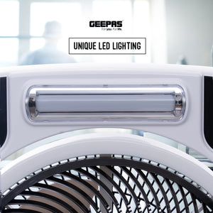 Geepas GF989 12-Inch Rechargeable Box Fan | 40-Hour Backup | LED Light | USB Output | Up/Down Tilting Head  |  Solar Panel Input | AC/DC Dual Operation | 0.5-Hour Timer