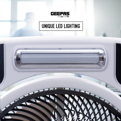 Geepas GF989 12-Inch Rechargeable Box Fan | 40-Hour Backup | LED Light | USB Output | Up/Down Tilting Head  |  Solar Panel Input | AC/DC Dual Operation | 0.5-Hour Timer