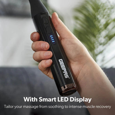 Geepas GM86093UK Curved Long Handle Massage Gun| 5-Speed Brushless Motor Massager with 4 Heads| LED Indicators & 15-Min Timer for Deep Muscle Relaxation| 2 years warranty