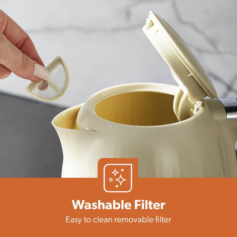 Geepas 1.7L Fluted Jug Kettle GK38068UK-CR | 360° Rotation, Boil-Dry Protection, Auto Cut-Off | For Water, Milk, Tea | Removable Filter | Cream, 2-Year Warranty