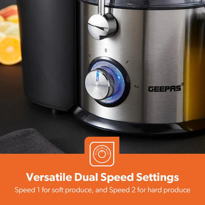 Geepas GJE46011 Powerful Juice Extractor | 1.2L Large Capacity Juicer | 800W | Stainless Steel Body| 2 Speed Control| Safety Locking Arm| Easy to Clean| 2 Year Warranty