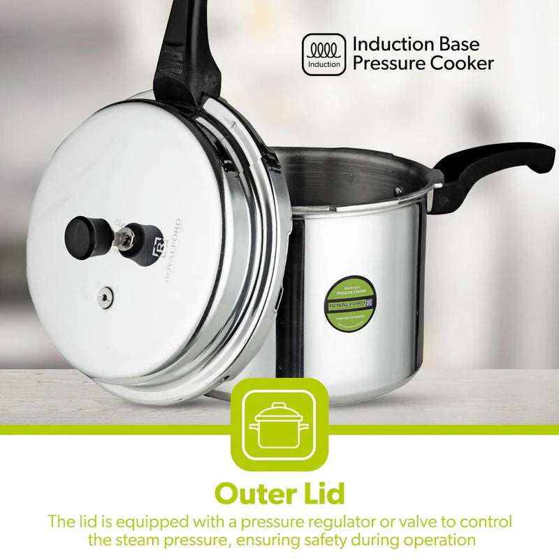 Royalford RF5802 5L Induction Base Pressure Cooker | Fast & Safe Cooking | Durable Aluminium Body | Even Heat Distribution | Secure Lock System | Energy Efficient