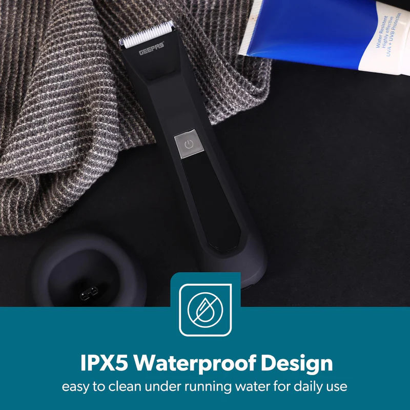 Geepas GTR57519UK Waterproof Body Trimmer with LED Display | IPX5 Protection | Ceramic & Stainless Steel Blades | 2-Speed Control |  LED Light for Full Body Grooming