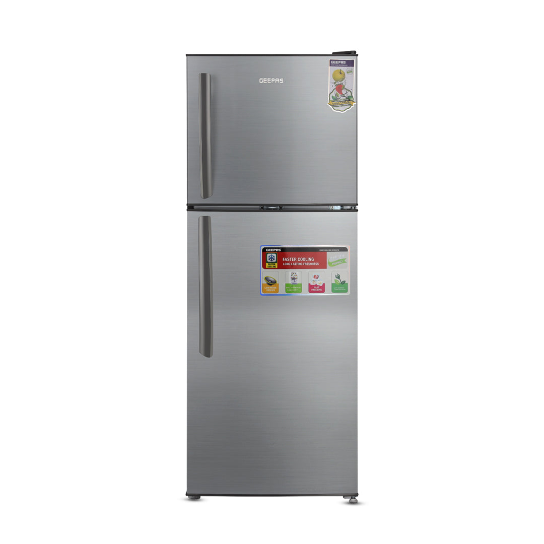 Geepas GRF2209SXE Double Door Defrost Refrigerator | Instant Cooling| Low Noise Operation| Adjustable Temperature Control|  Lock & Key| Silver Finish for Modern Kitchens