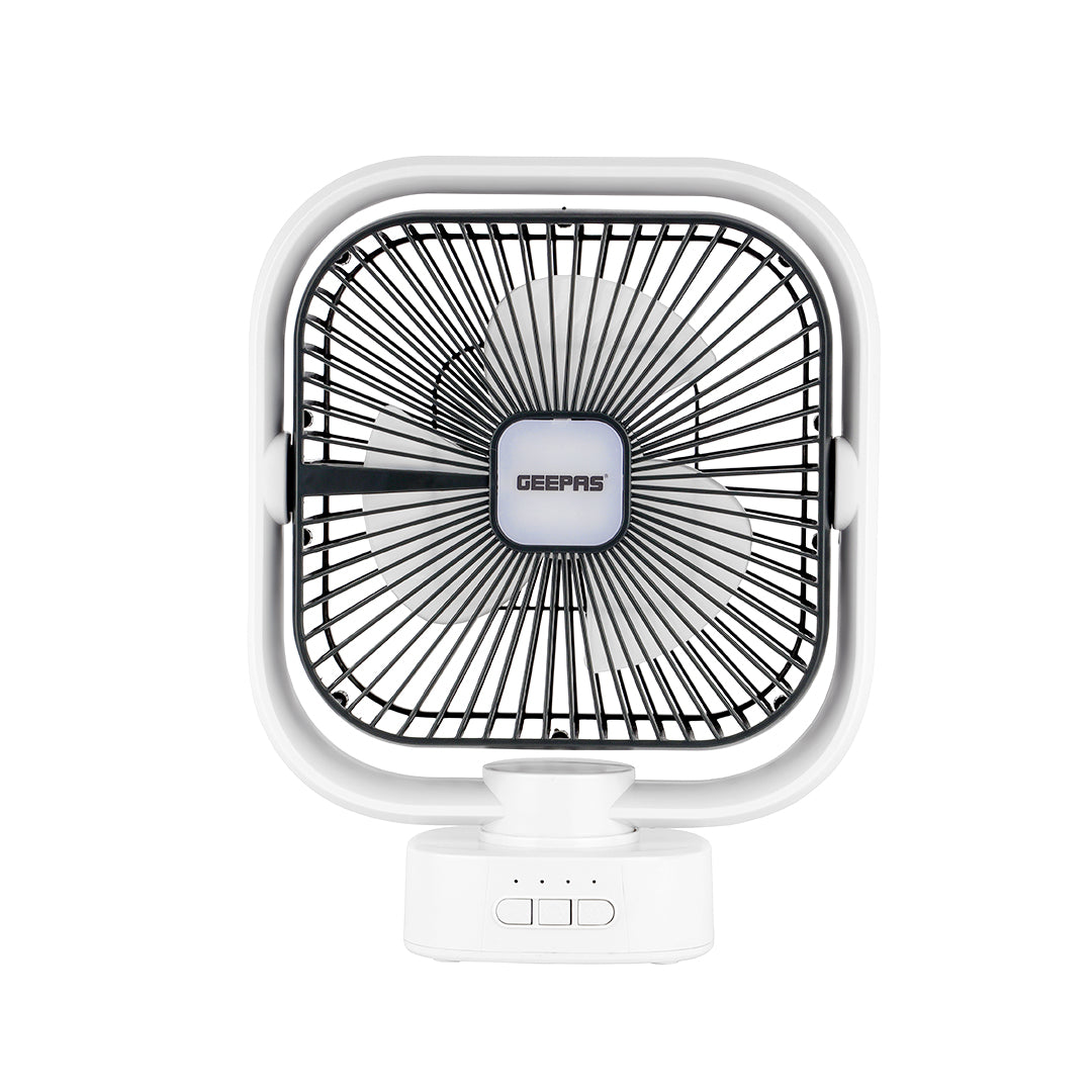 Geepas GF21122 8-Inch Oscillating LED Table Fan | Rechargeable AC/DC Function| 2x1500mAh Lithium Battery| Two-Level LED Light| 9 Hours Working Time| 2 Years Warranty