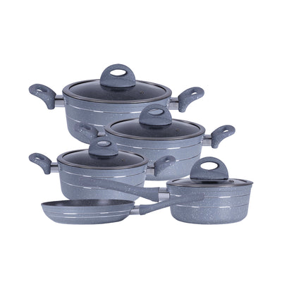 Royalford RF9555 Smart Granite 9 PCS Forged Aluminium Cookware Set with Lids | Durable Design | Marble Coated Interior | 3.8mm Induction Base | Soft Touch Handles